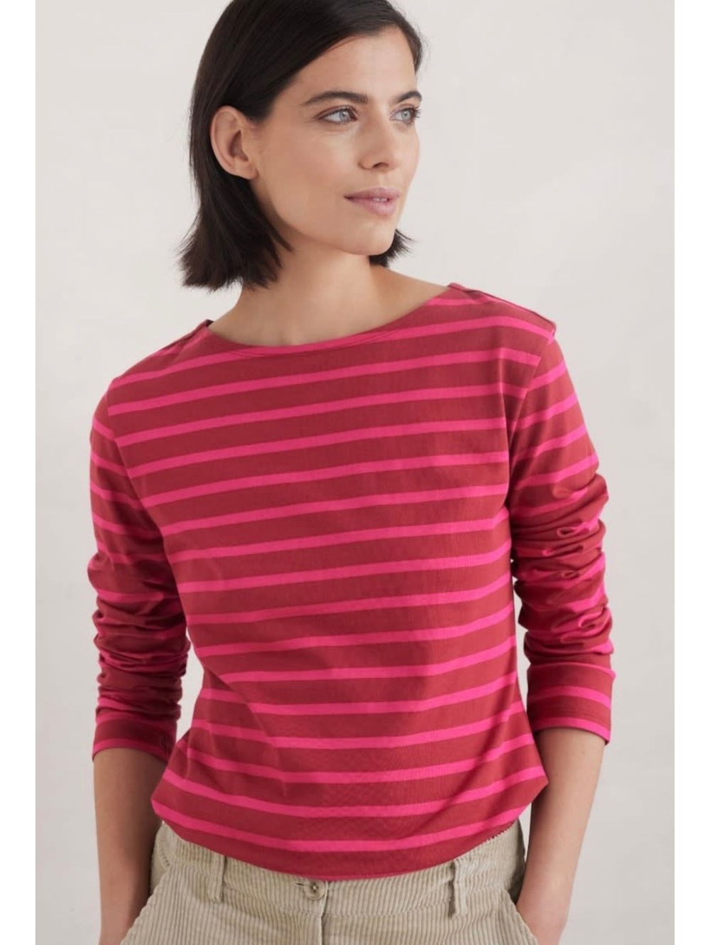Seasalt Cornwall Organic Cotton Long Sleeve Striped Sailor Shirt Pink Red